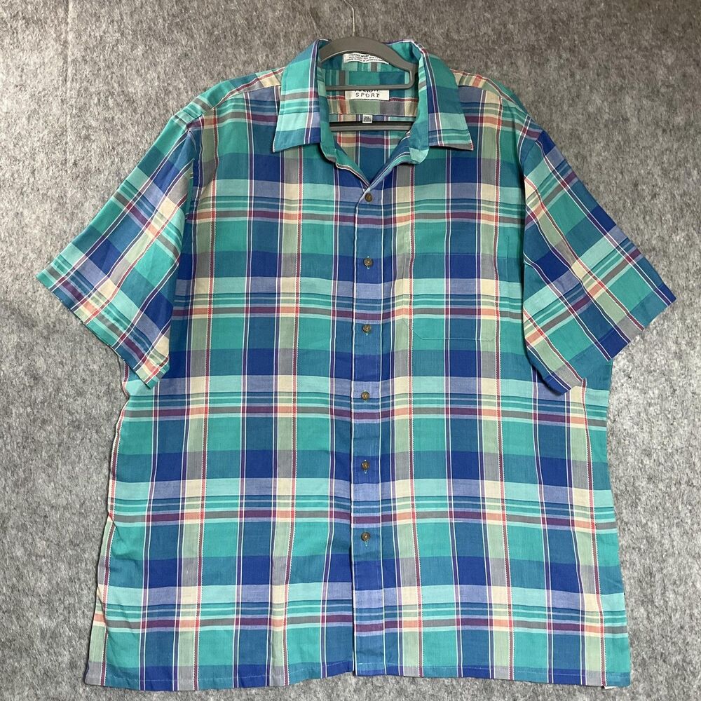 Vintage Shirt Mens XL Blue Green Plaid Short Sleeve Button Up Preppy Casual USA
